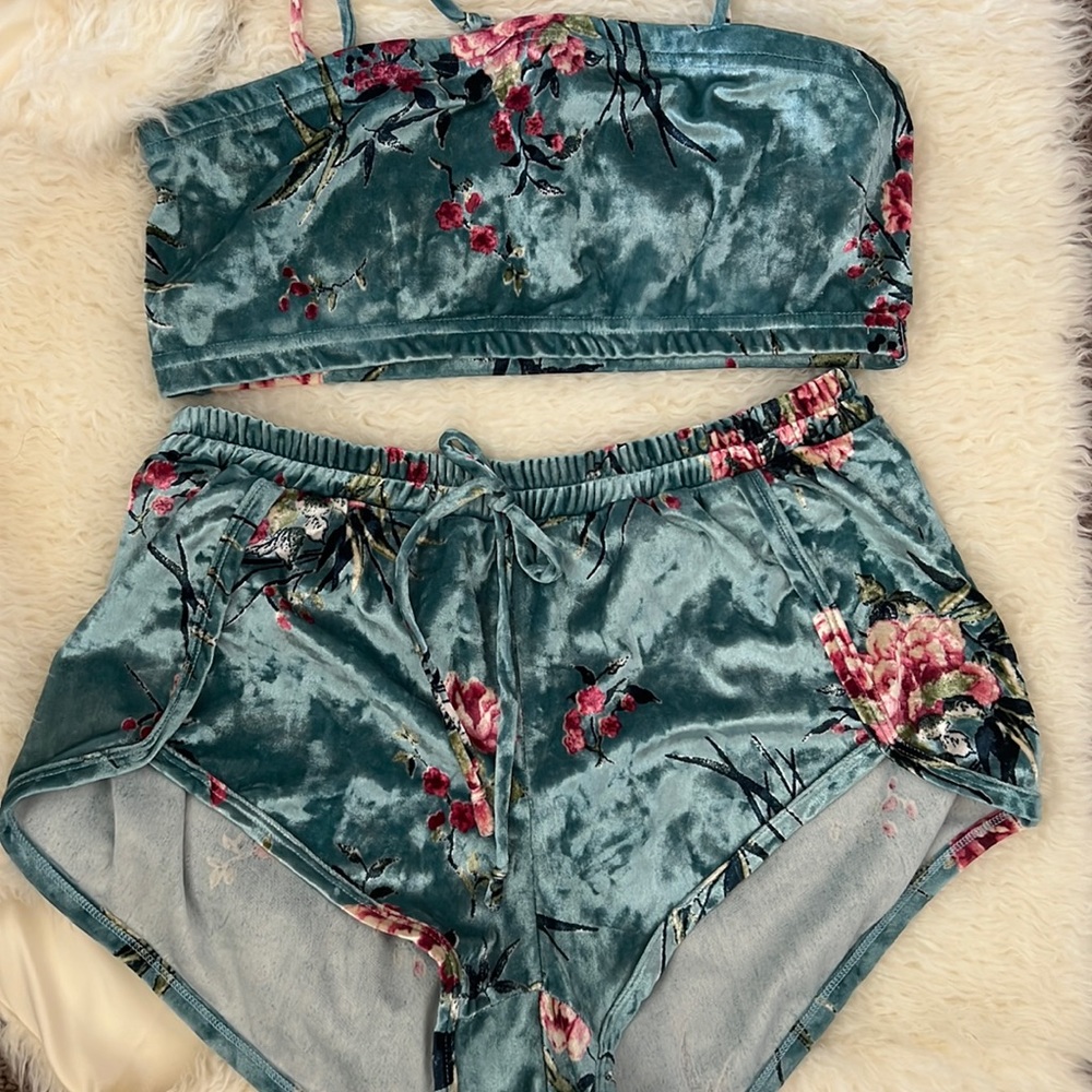 turquoise and pink booty shorts matching set.